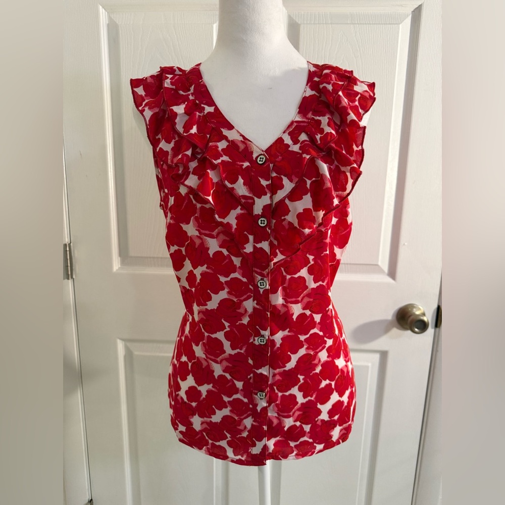 CAbi Red Floral Button-Down Blouse